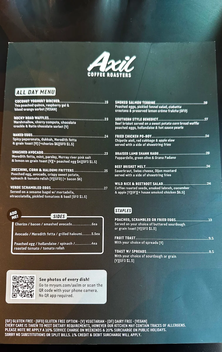 Menu, Axil Coffee Roasters Richmond