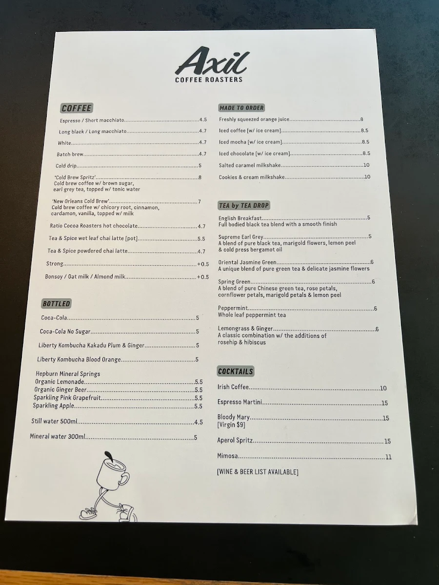 Menu, Axil Coffee Roasters Richmond
