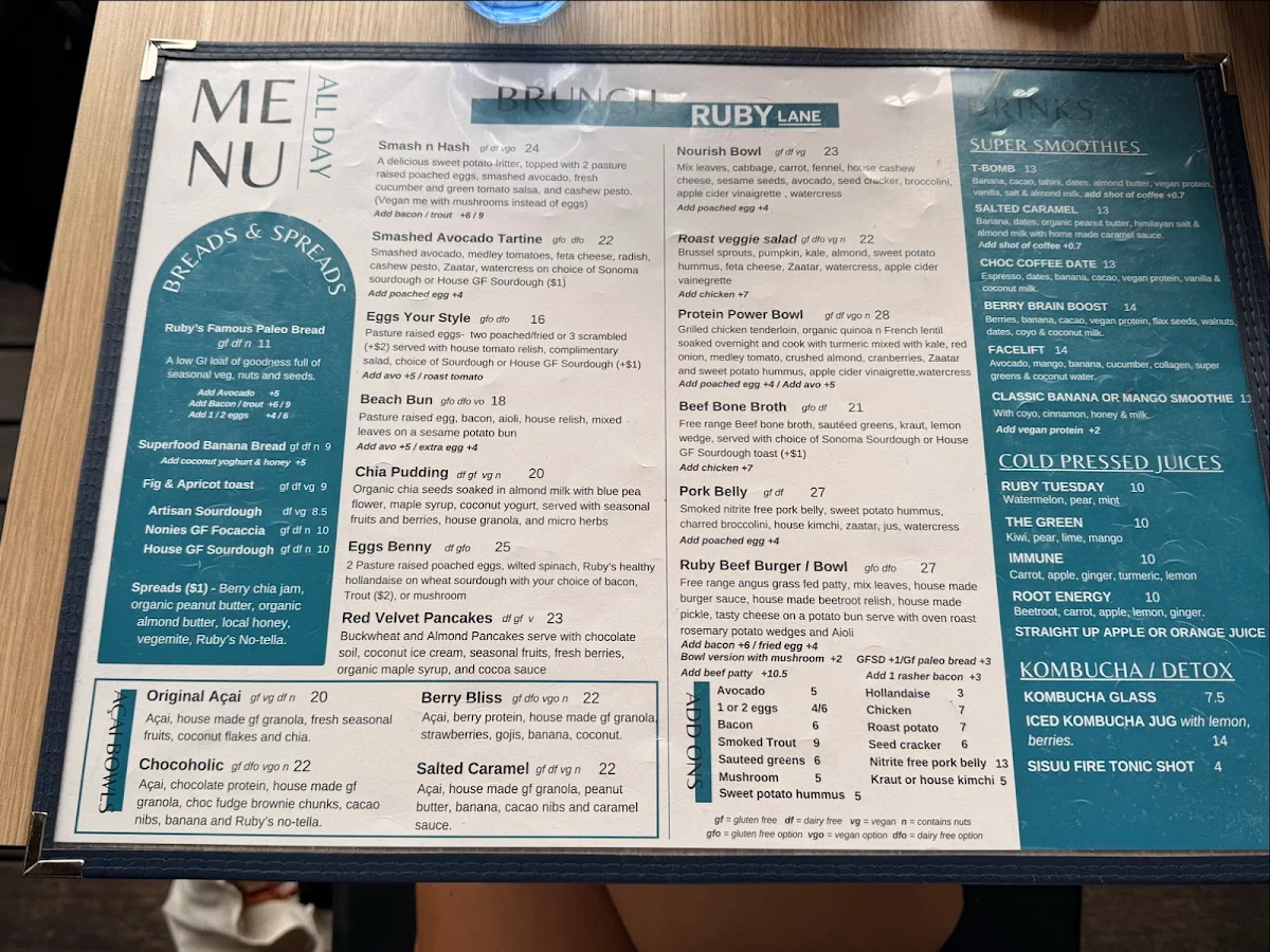 Menu, Ruby Lane Wholefoods Cafe - Manly