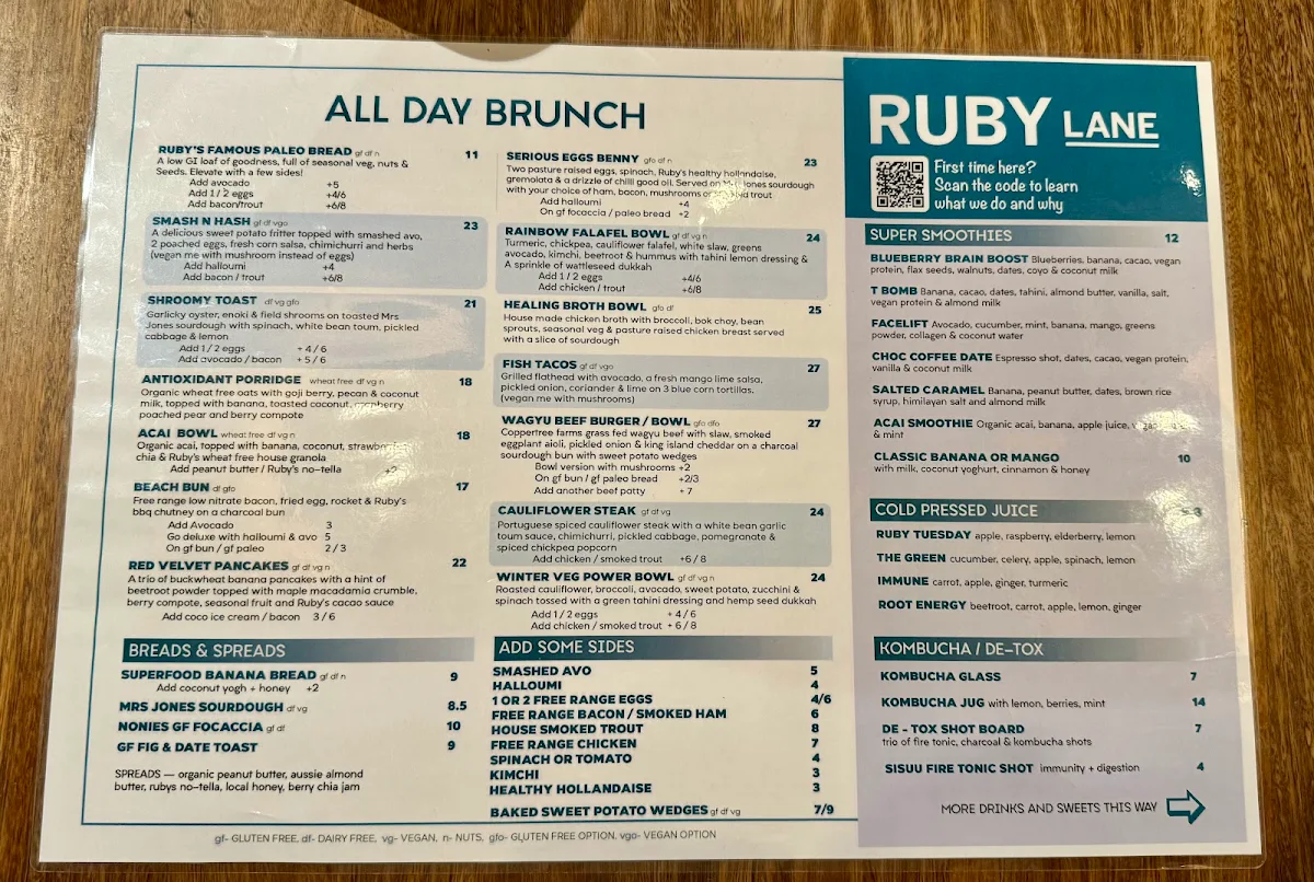 Menu, Ruby Lane Wholefoods Cafe - Manly