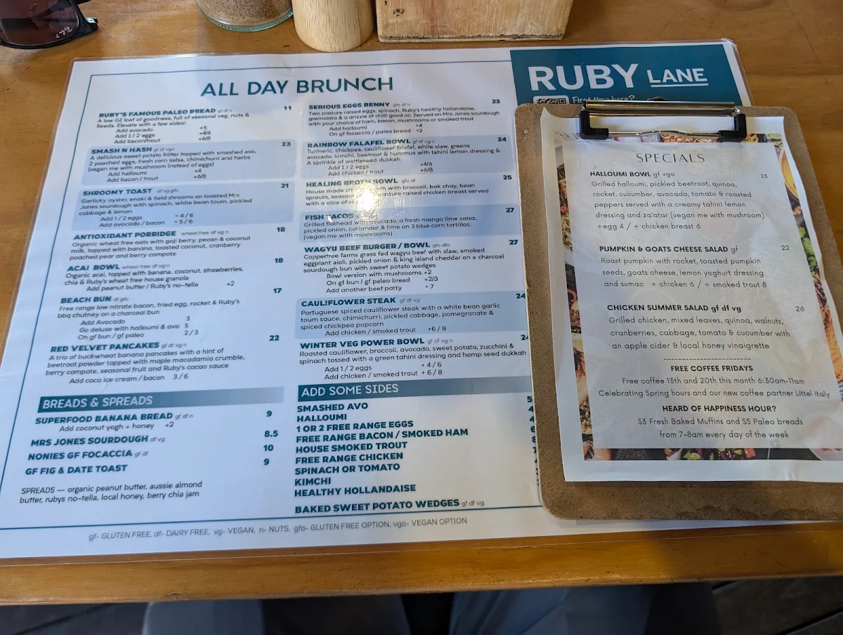 Menu, Ruby Lane Wholefoods Cafe - Manly