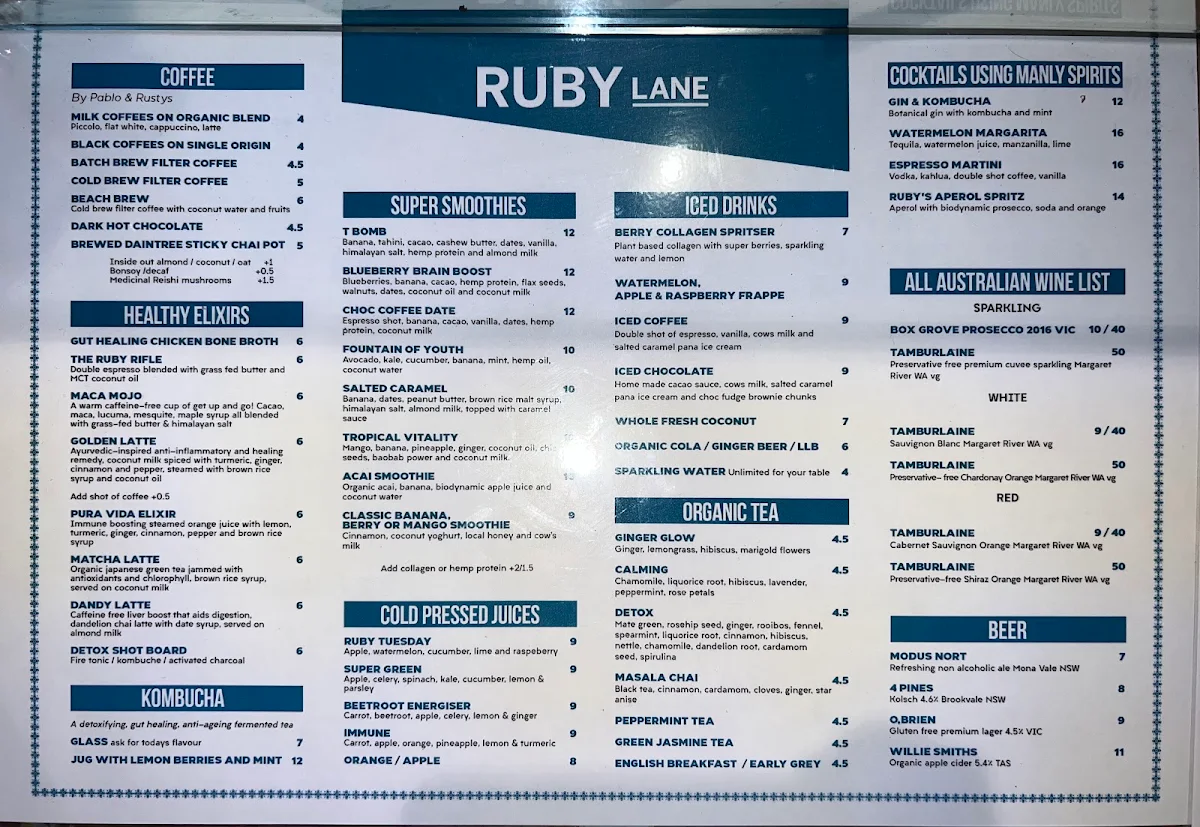 Menu, Ruby Lane Wholefoods Cafe - Manly
