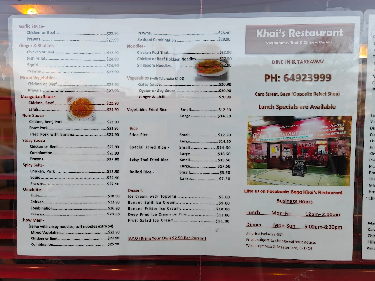 Menu, Khais Restaurant