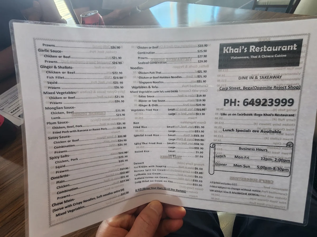 Menu, Khais Restaurant