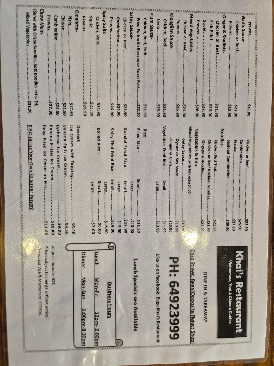 Menu, Khais Restaurant