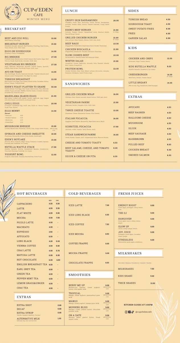 Menu, Cup Of Eden Cafe