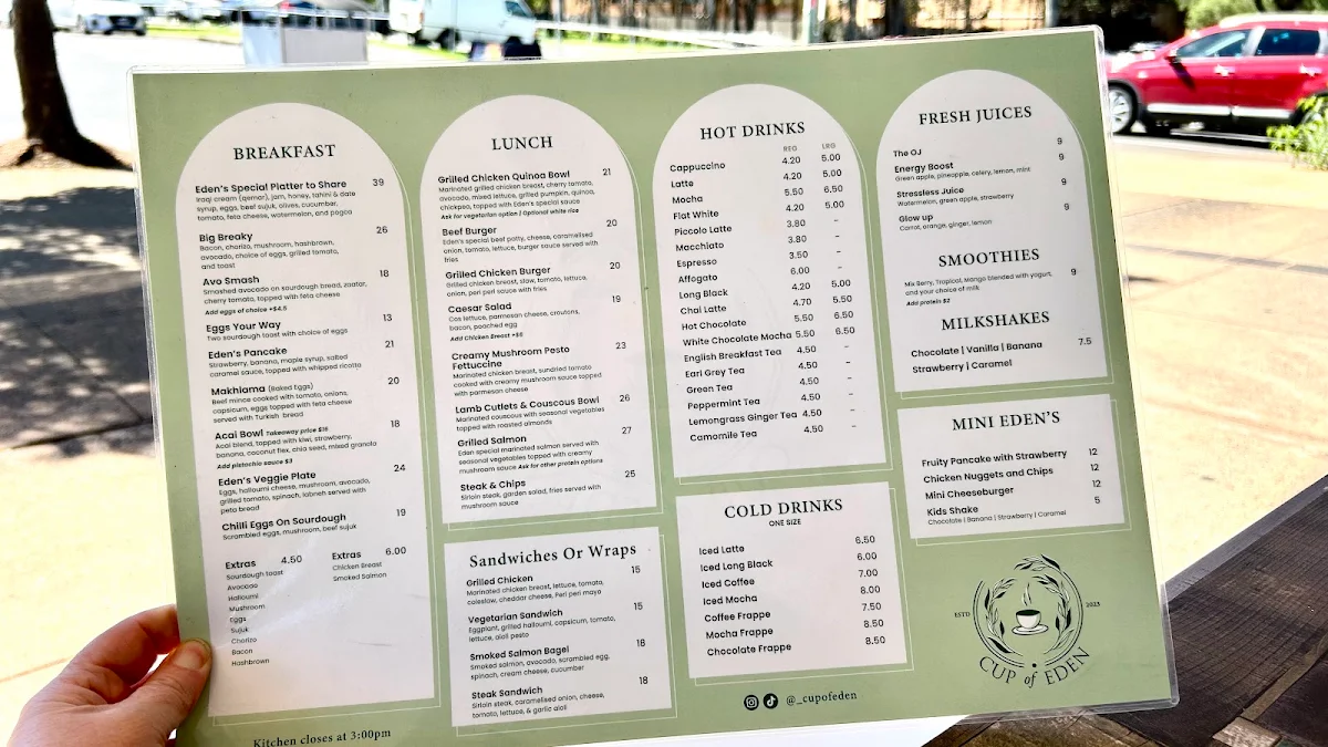 Menu, Cup Of Eden Cafe