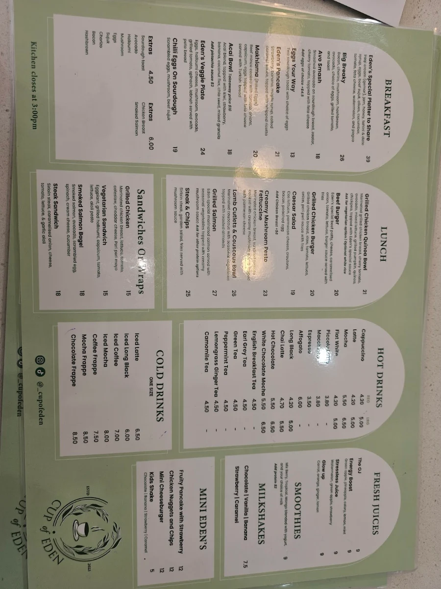 Menu, Cup Of Eden Cafe