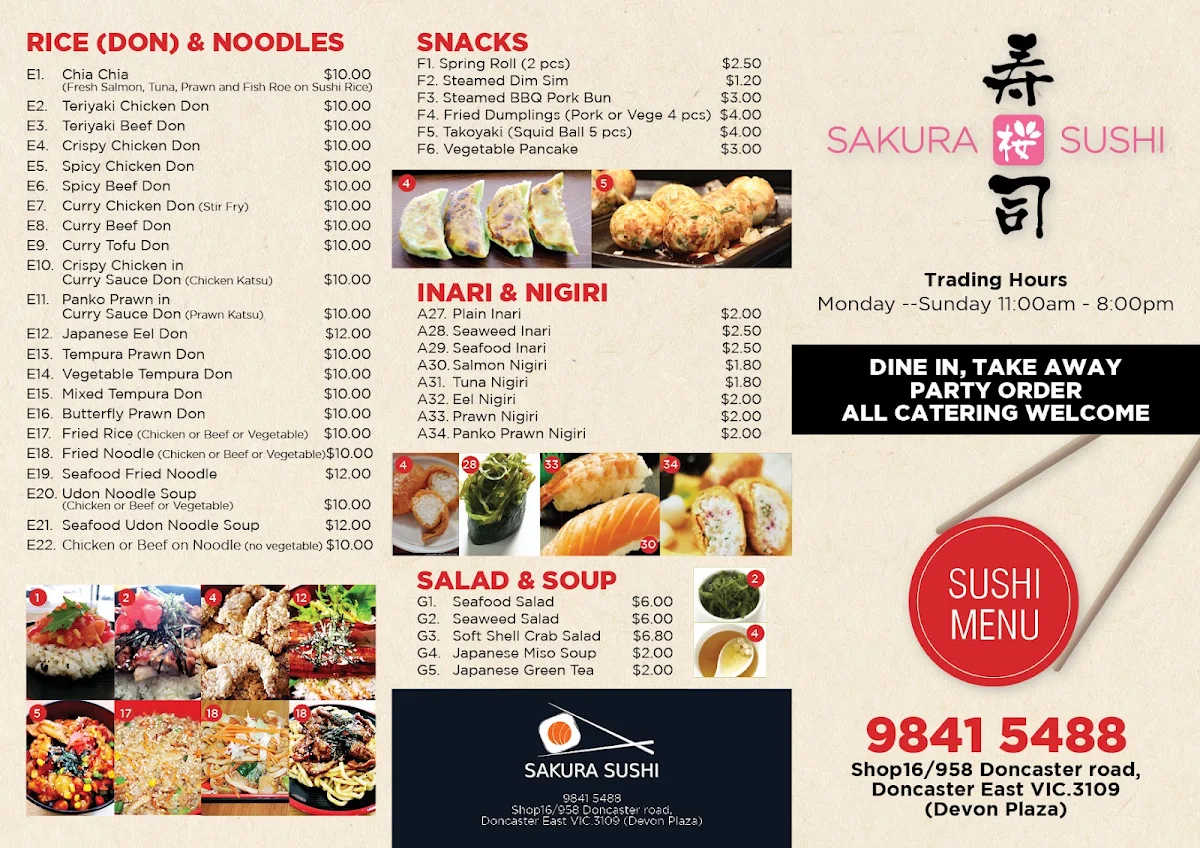 Menu, Sakura Sushi