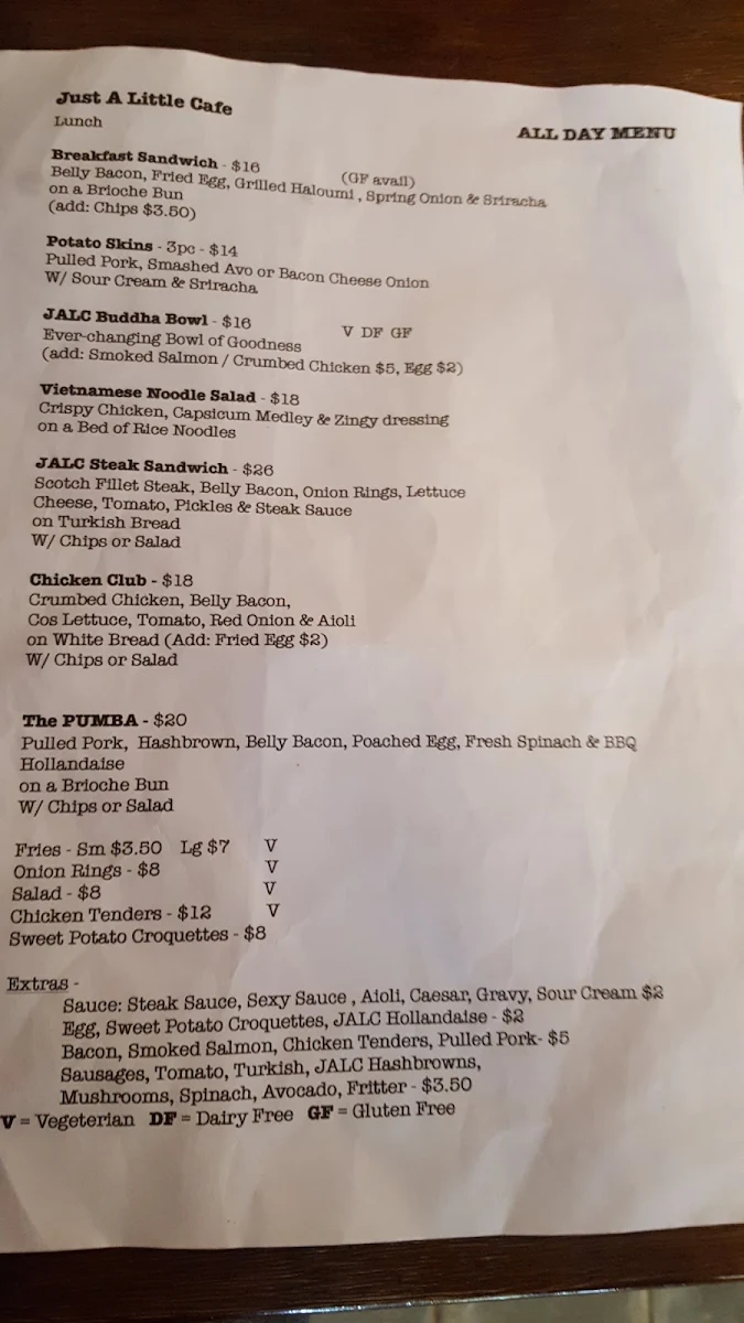 Menu, Just A Little Cafe