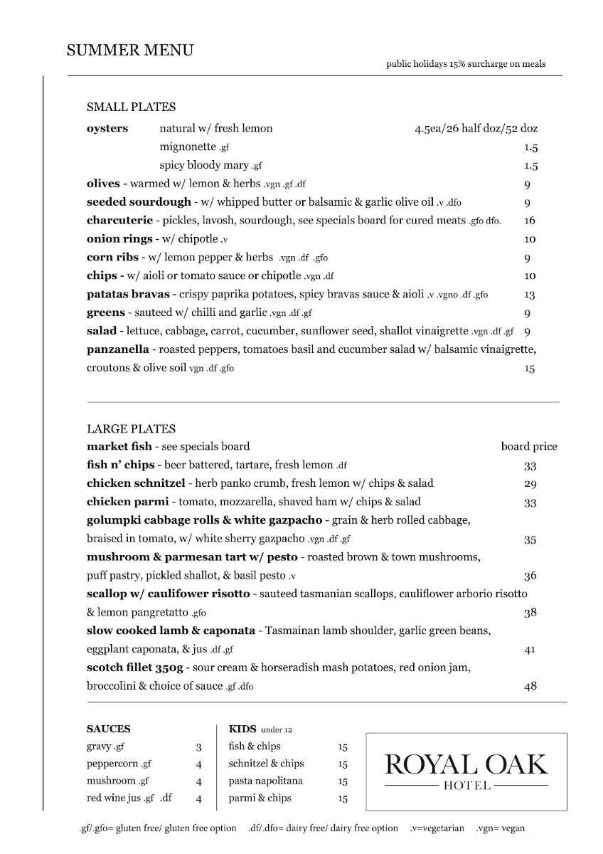 Menu, The Royal Oak Hotel