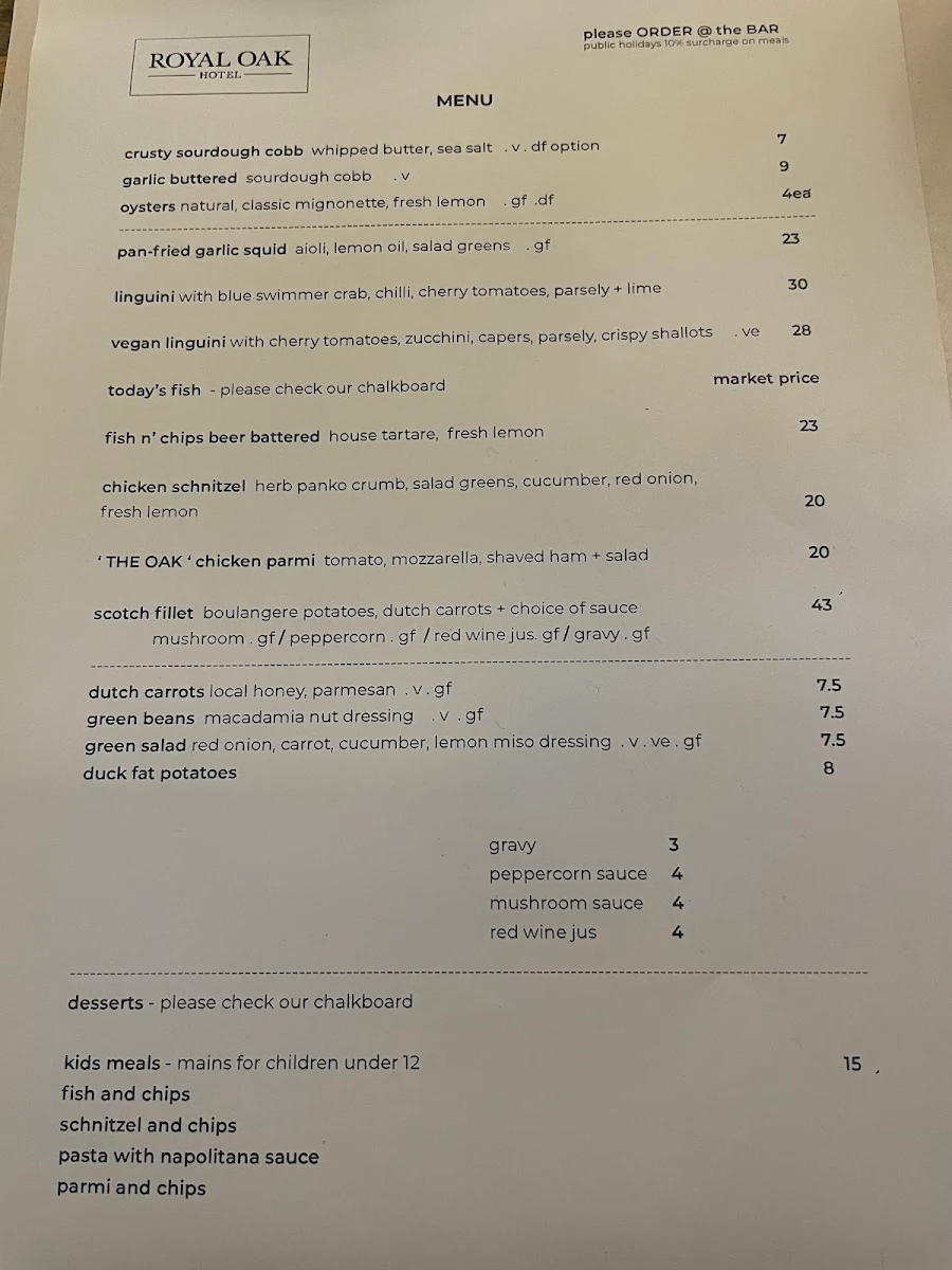 Menu, The Royal Oak Hotel