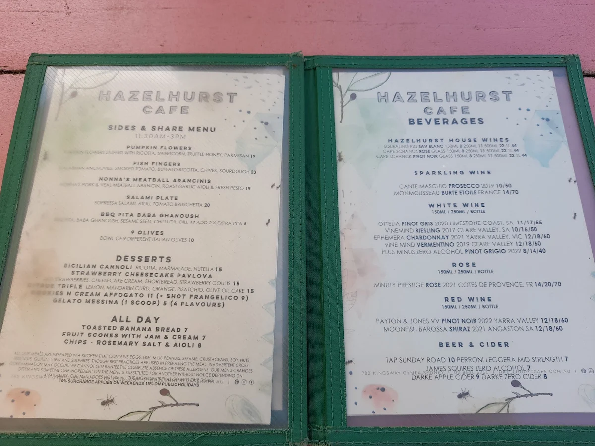 Menu, Hazelhurst Cafe
