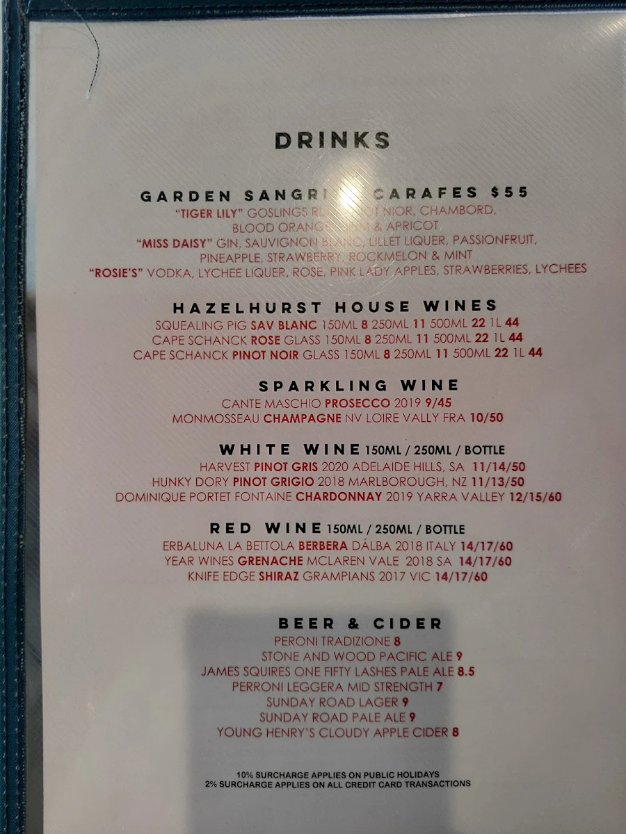 Menu, Hazelhurst Cafe