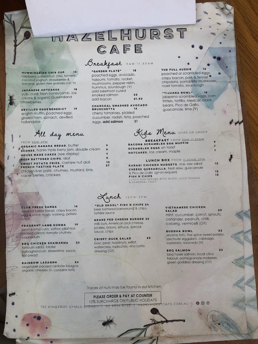 Menu, Hazelhurst Cafe