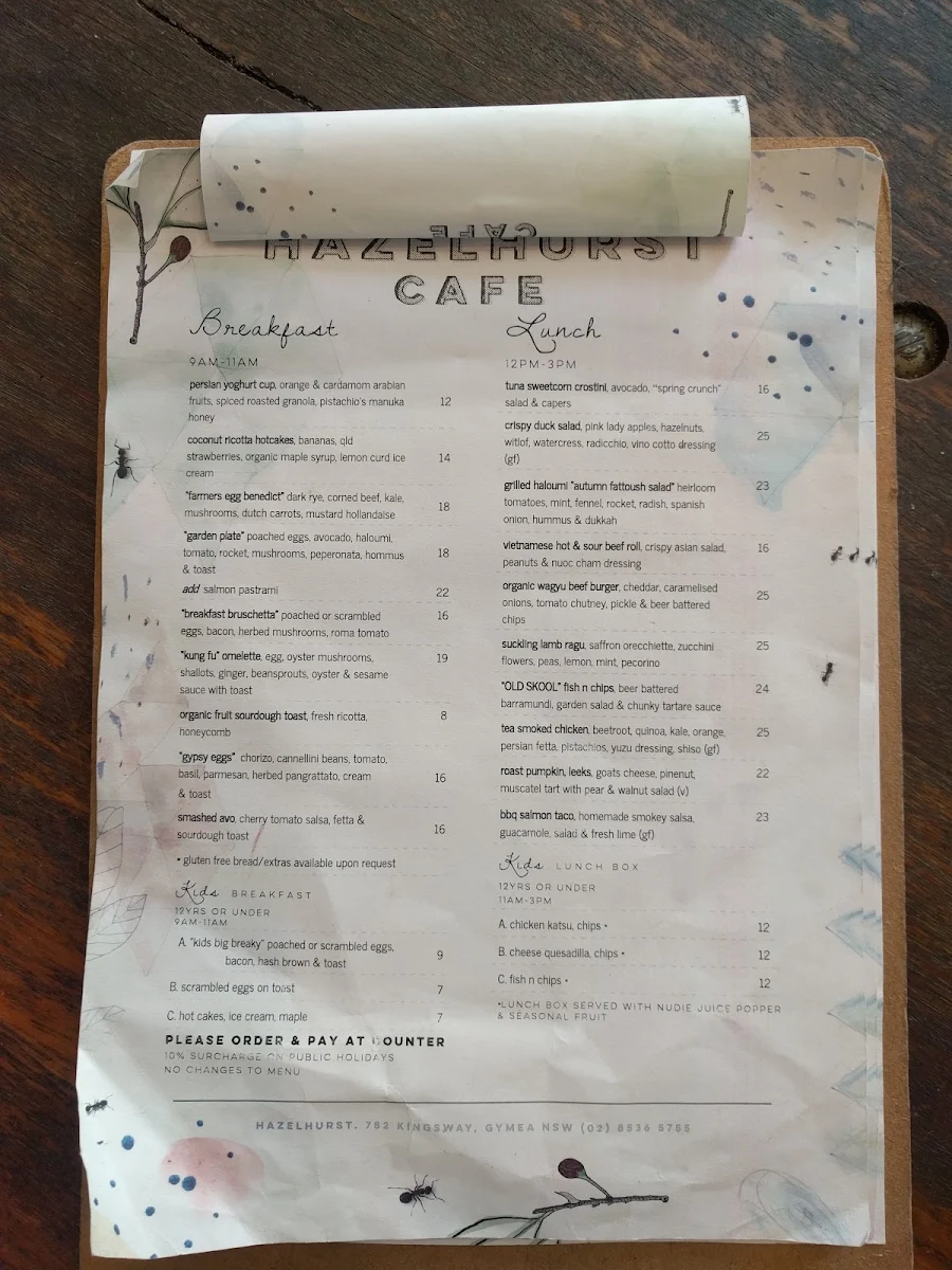 Menu, Hazelhurst Cafe