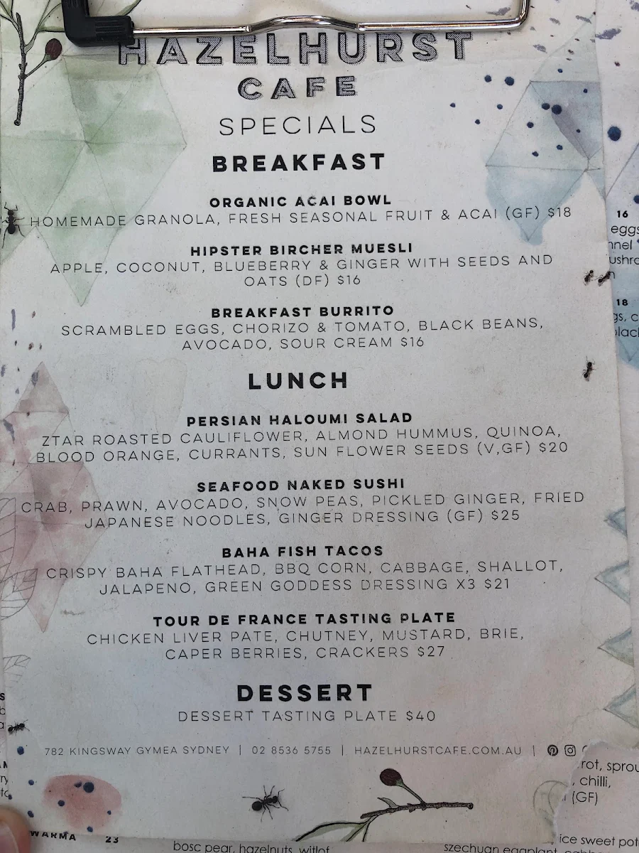 Menu, Hazelhurst Cafe