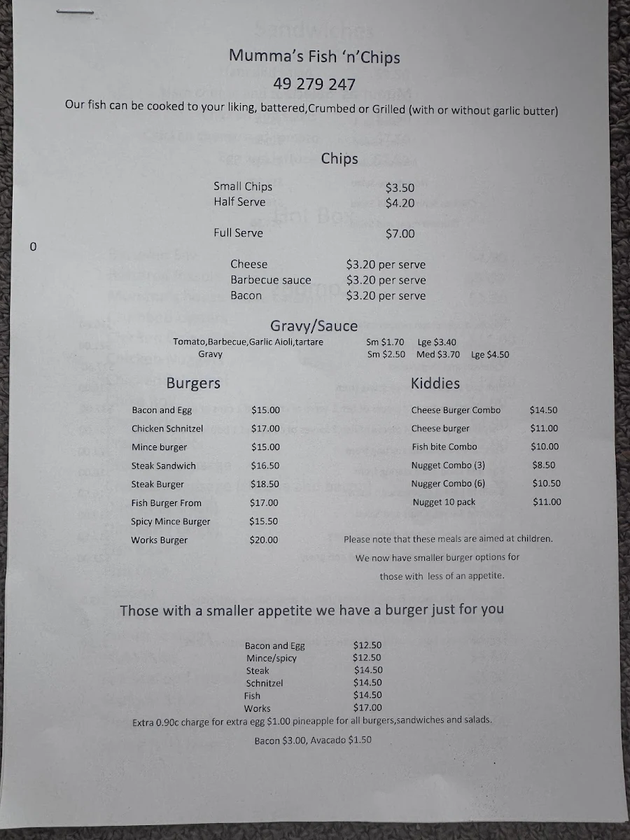 Menu, Mummas Fish 'N' Chips