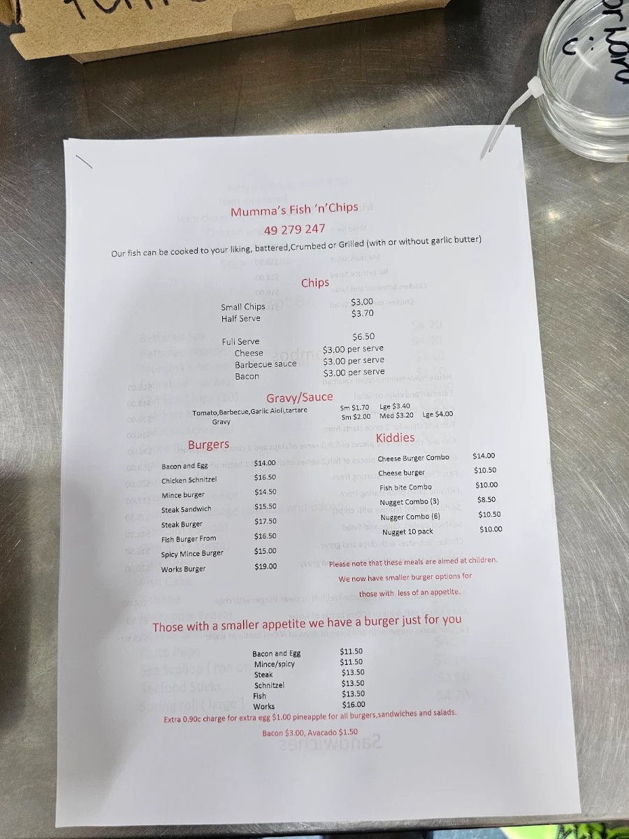 Menu, Mummas Fish 'N' Chips