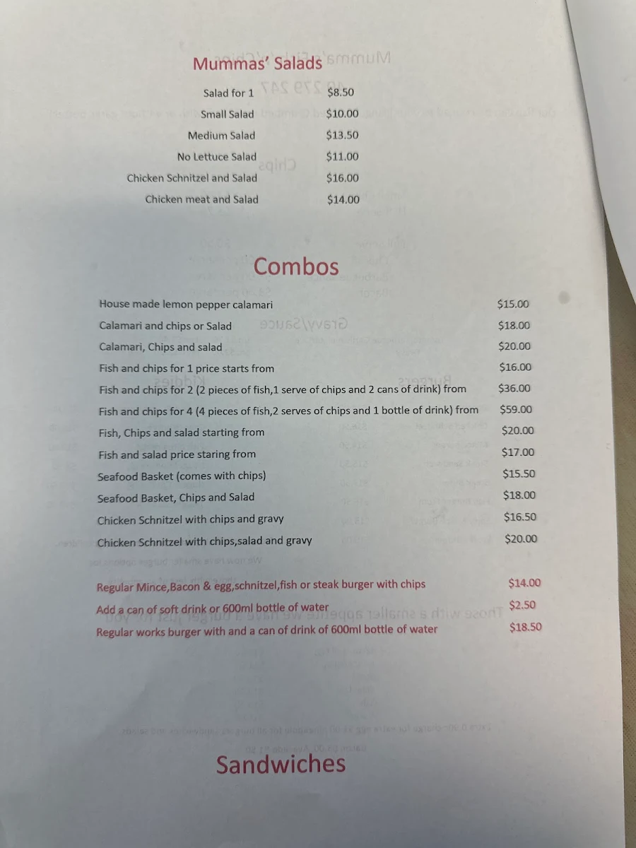 Menu, Mummas Fish 'N' Chips