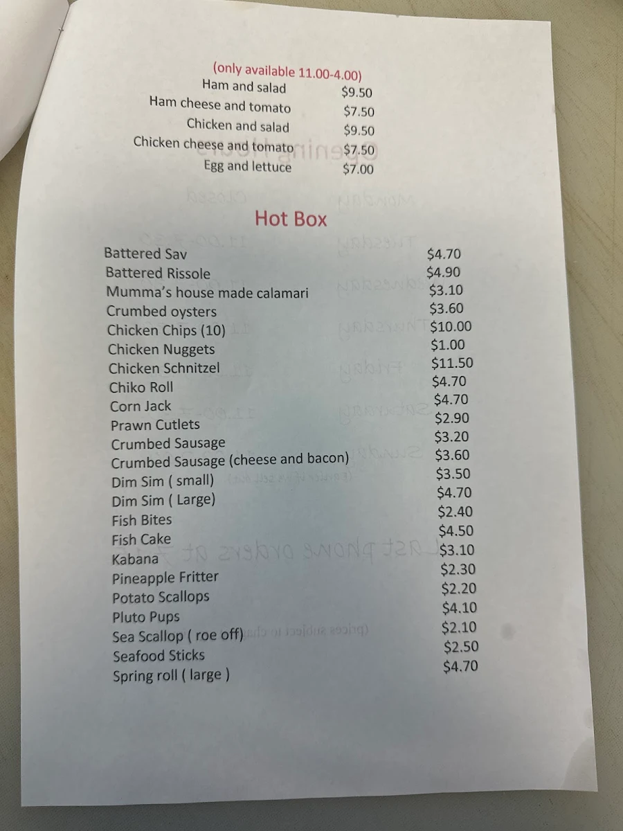 Menu, Mummas Fish 'N' Chips