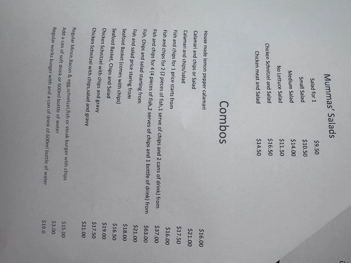 Menu, Mummas Fish 'N' Chips