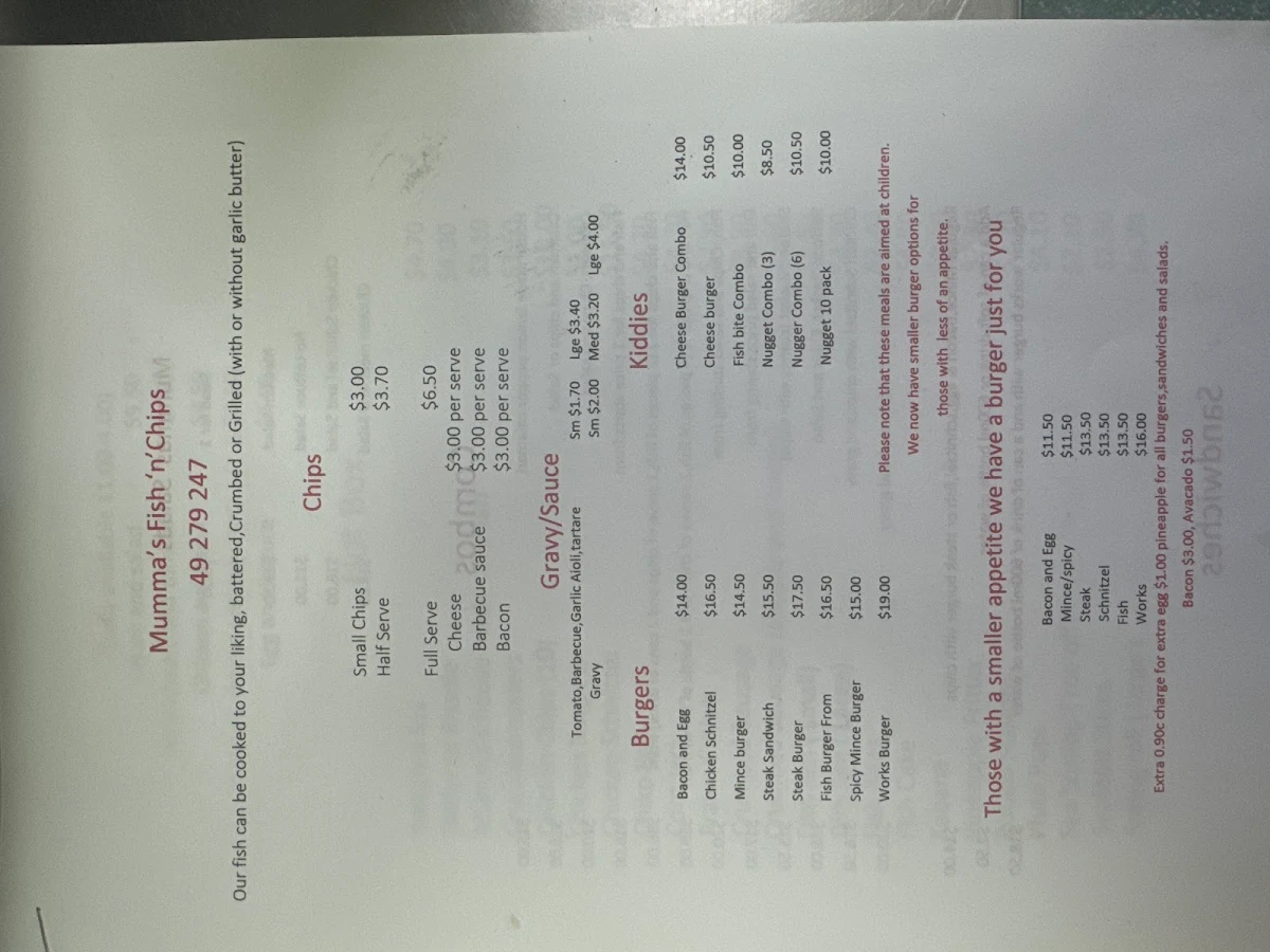 Menu, Mummas Fish 'N' Chips