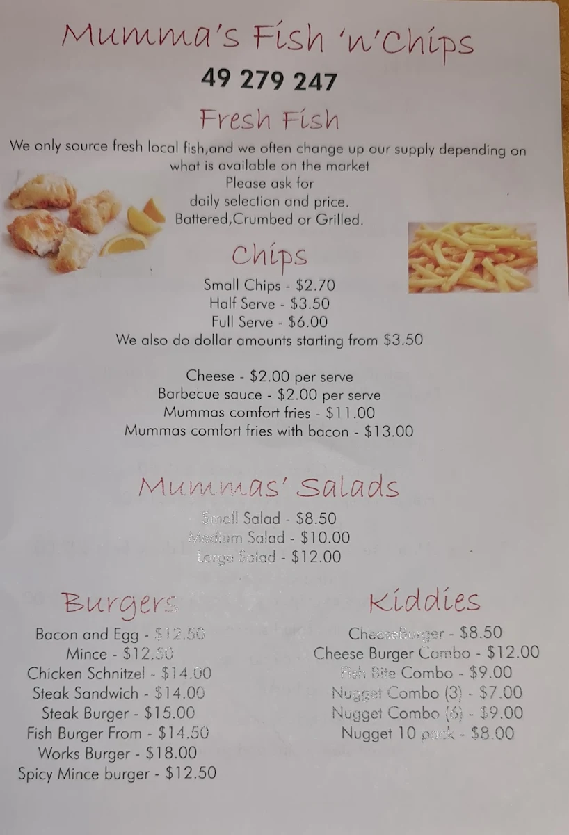Menu, Mummas Fish 'N' Chips