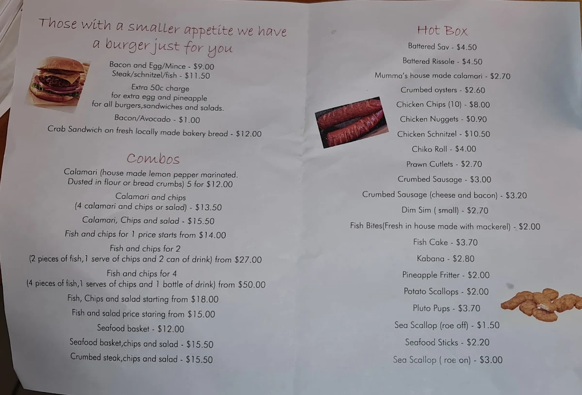 Menu, Mummas Fish 'N' Chips