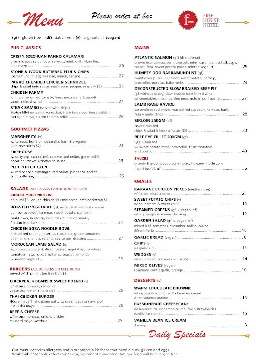 Menu, Firehouse Hotel