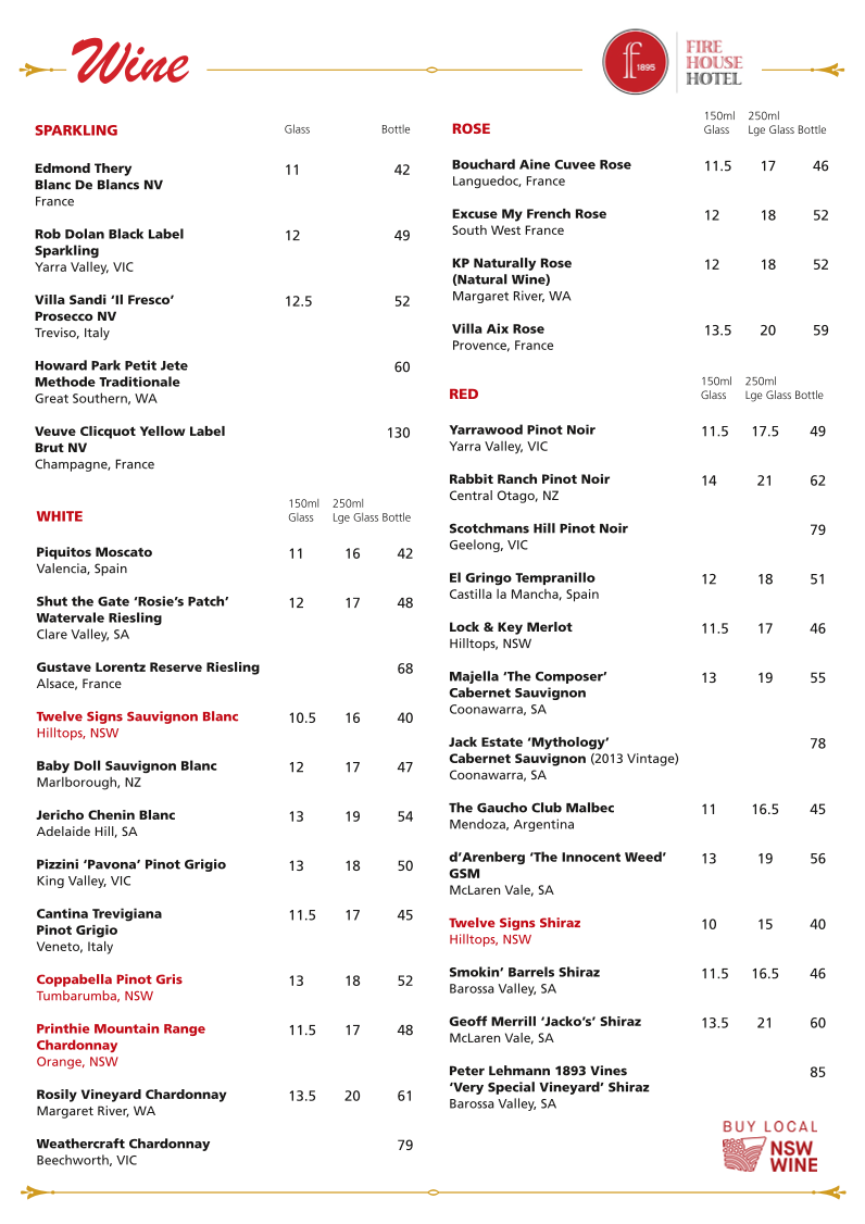Menu, Firehouse Hotel