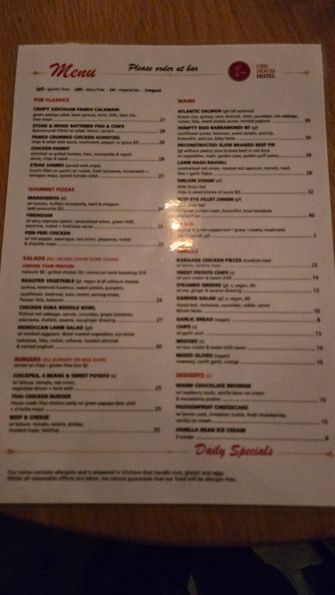 Menu, Firehouse Hotel