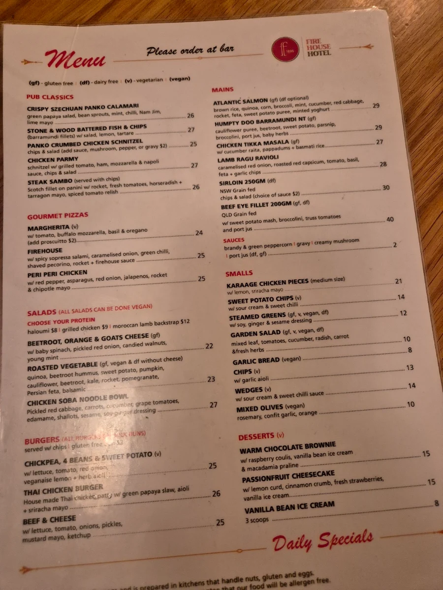Menu, Firehouse Hotel