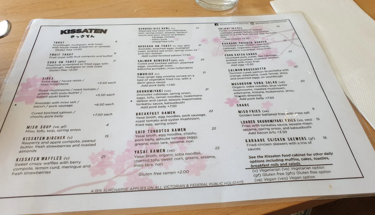 Menu, Kissaten Alphington きっさてん
