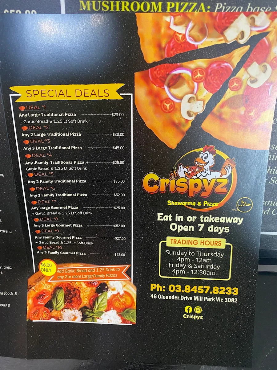 Menu, Fresh dough pizza and kebab MILL PARK