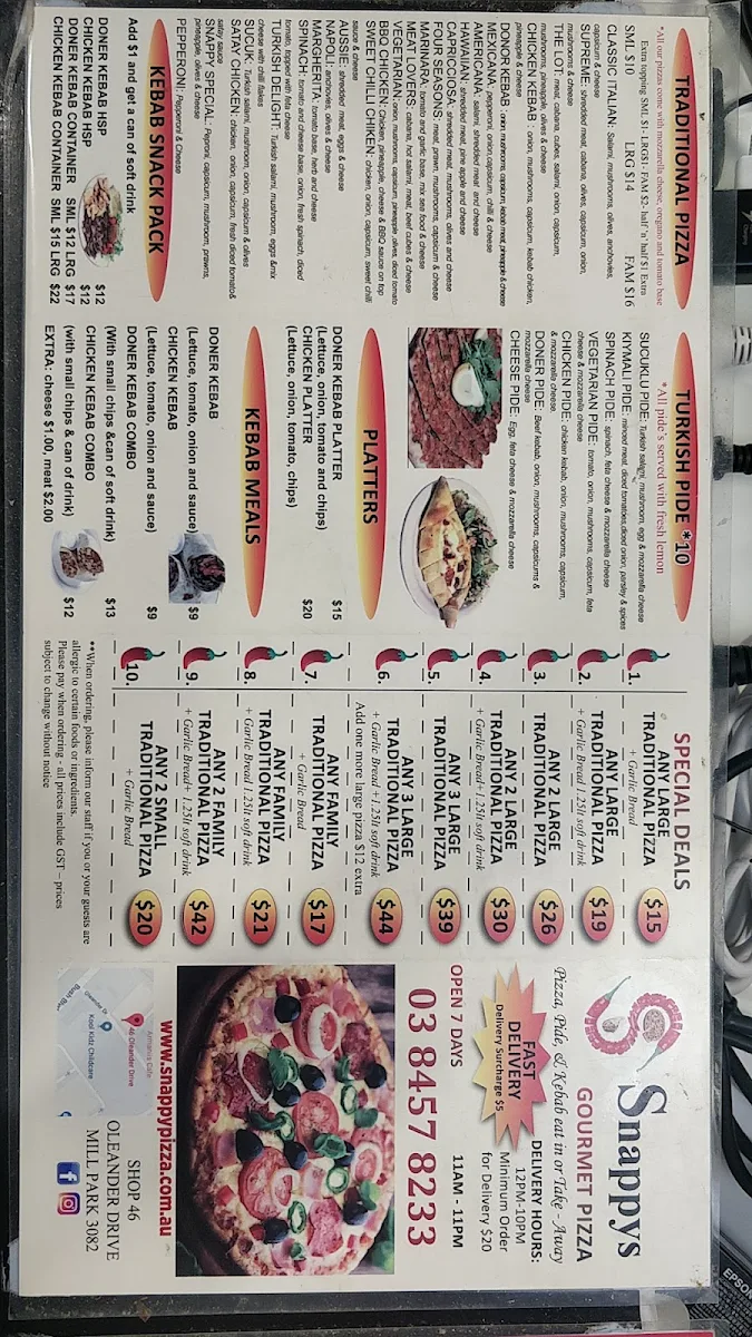 Menu, Fresh dough pizza and kebab MILL PARK