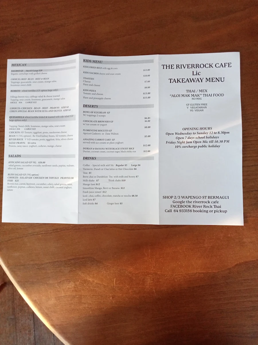 Menu, The River Rock Cafe & THAI / MEX FOOD and LIVE MUSIC, Bermagui, NSW, Australia