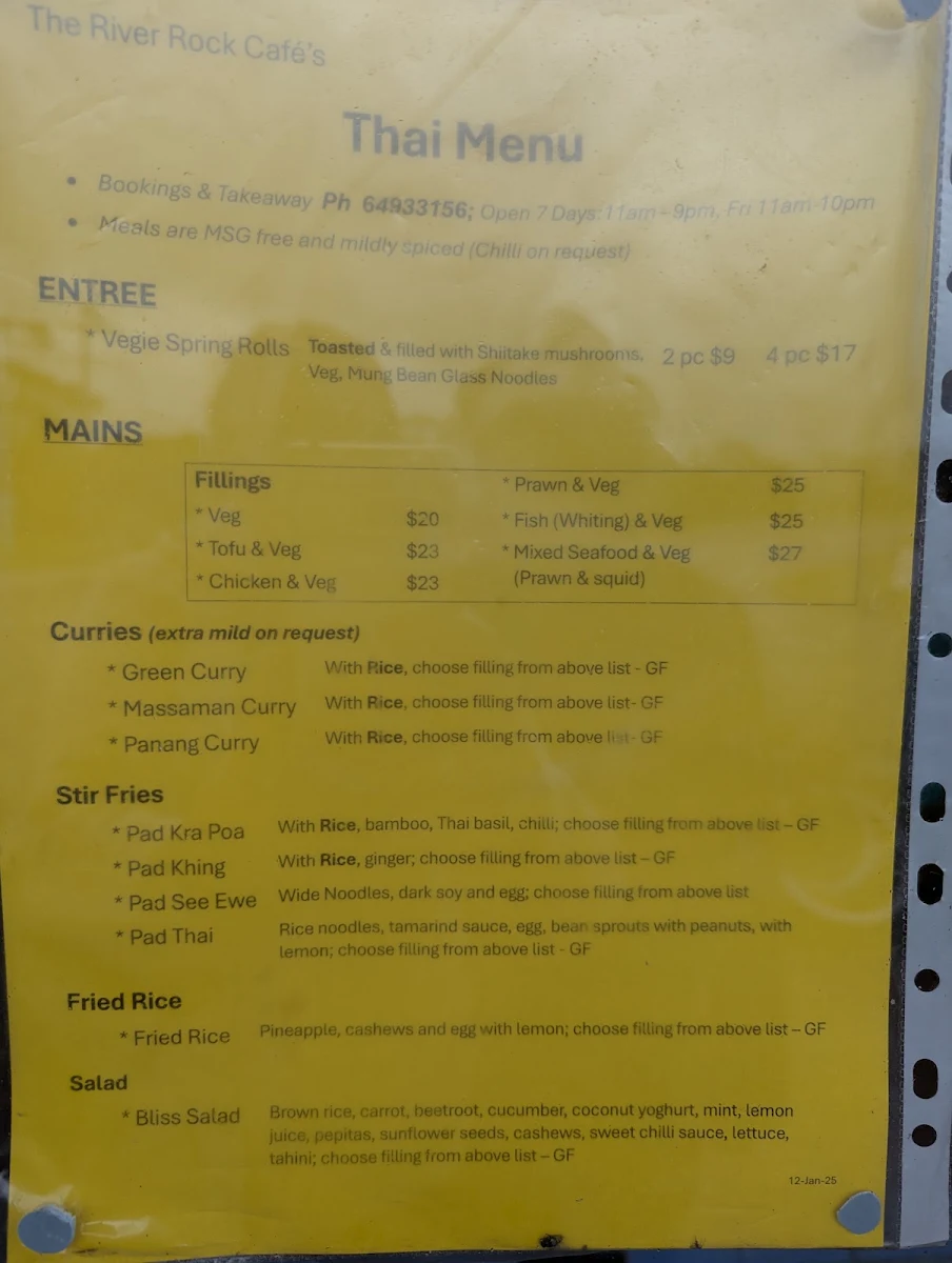 Menu, The River Rock Cafe & THAI / MEX FOOD and LIVE MUSIC, Bermagui, NSW, Australia