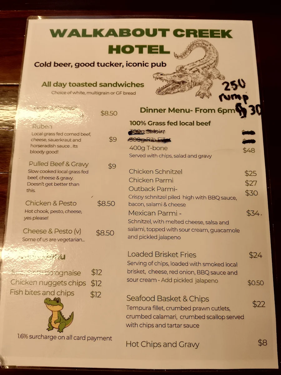 Menu, Crocodile Dundee's Walkabout Creek Hotel