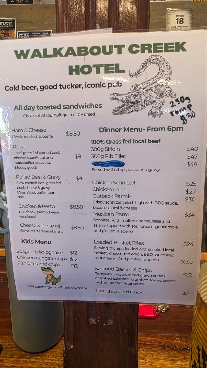 Menu, Crocodile Dundee's Walkabout Creek Hotel