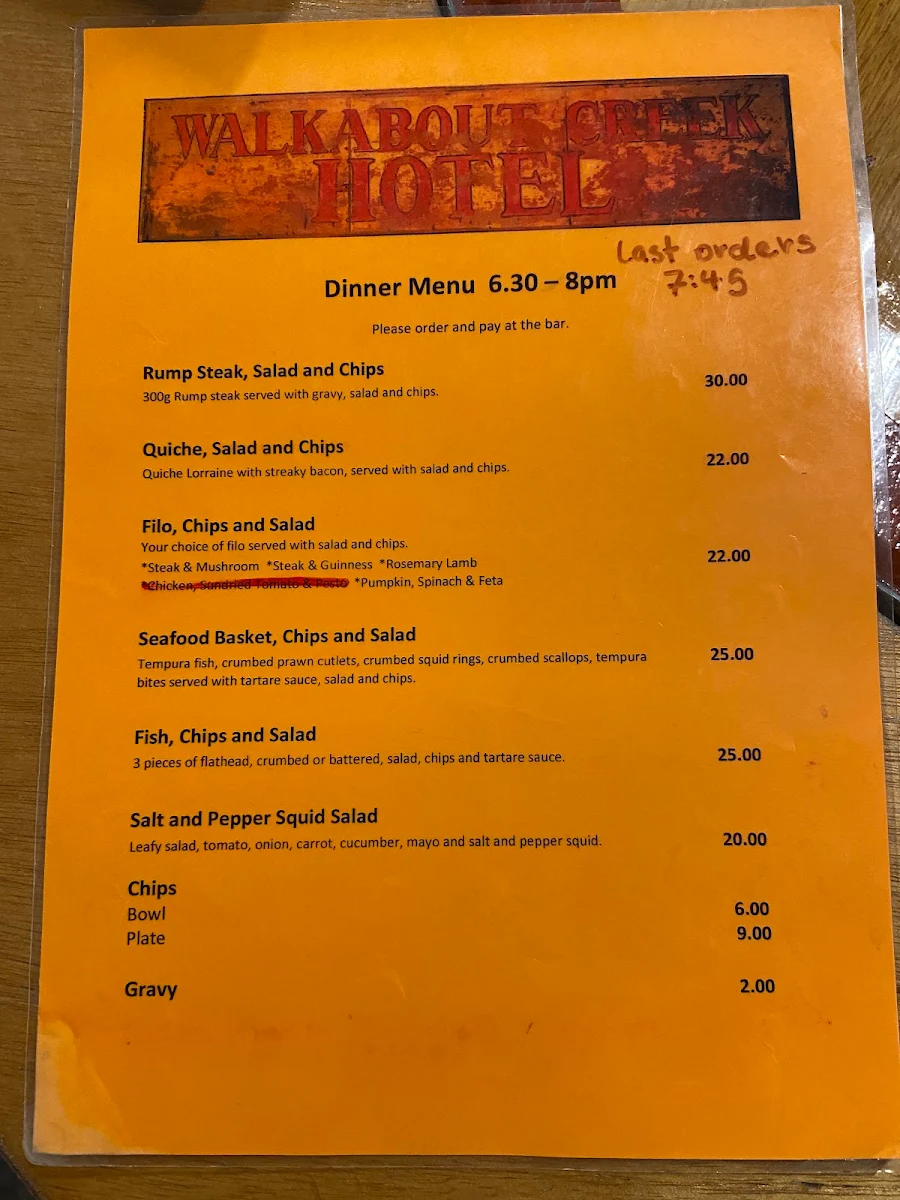 Menu, Crocodile Dundee's Walkabout Creek Hotel