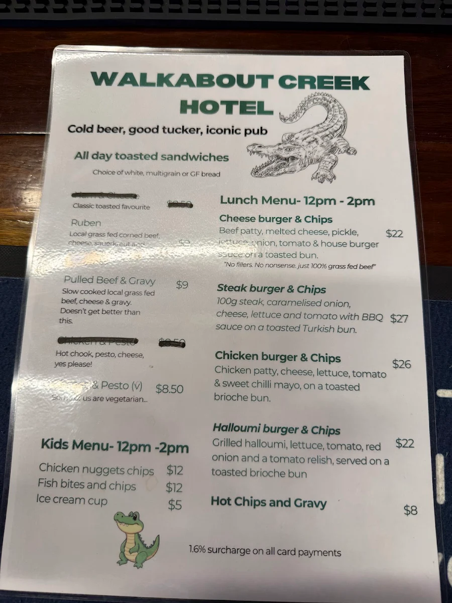 Menu, Crocodile Dundee's Walkabout Creek Hotel