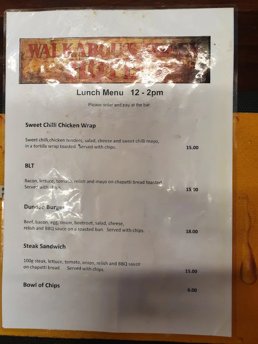 Menu, Crocodile Dundee's Walkabout Creek Hotel