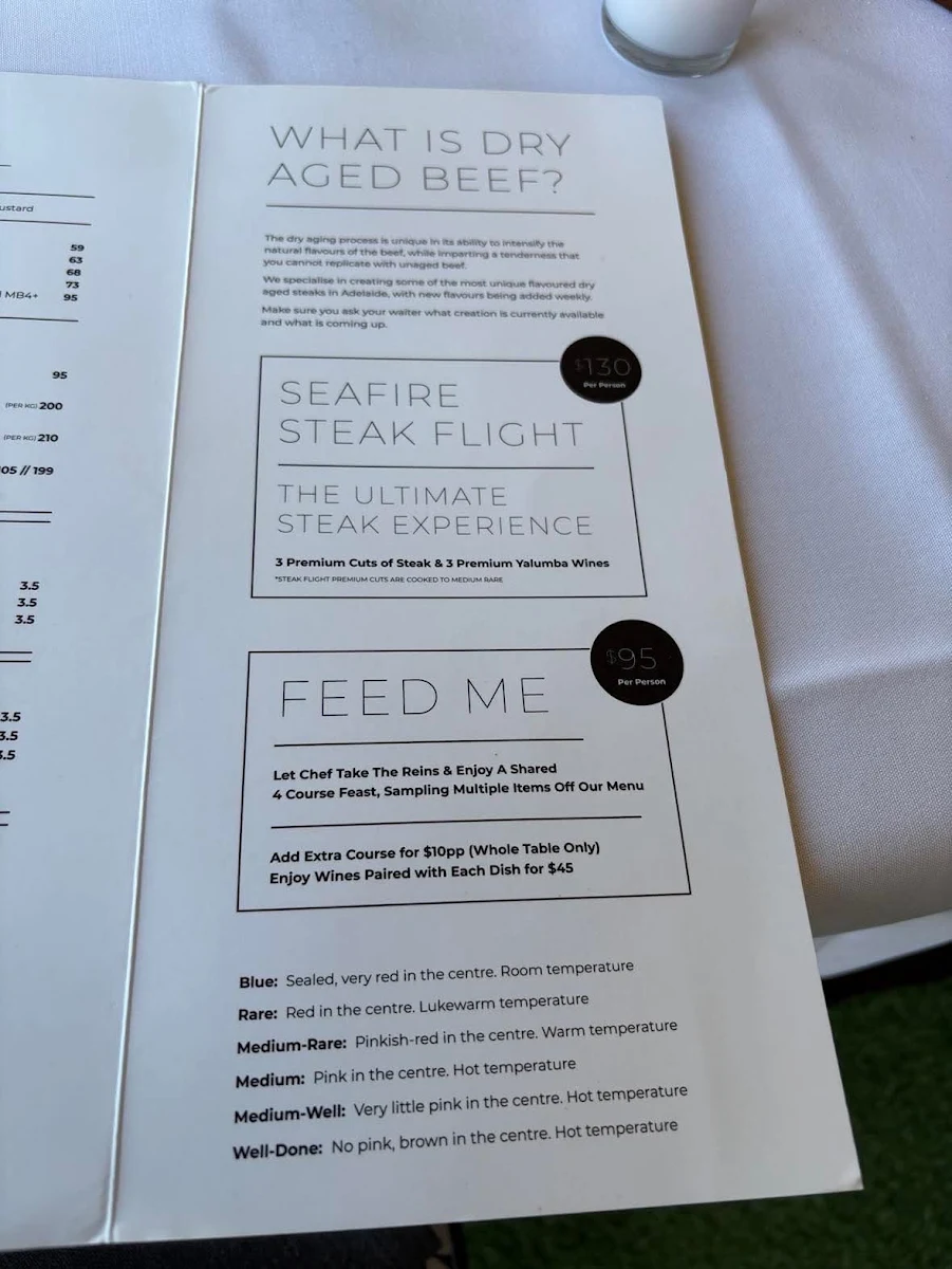 Menu, Seafire on the Marina