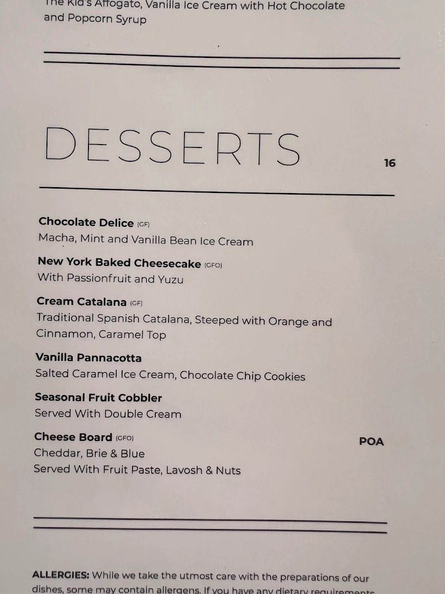 Menu, Seafire on the Marina