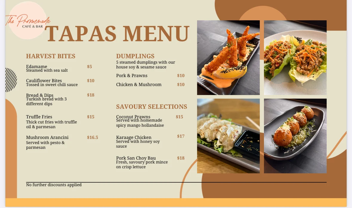 Menu, The Promenade Cafe and Bar