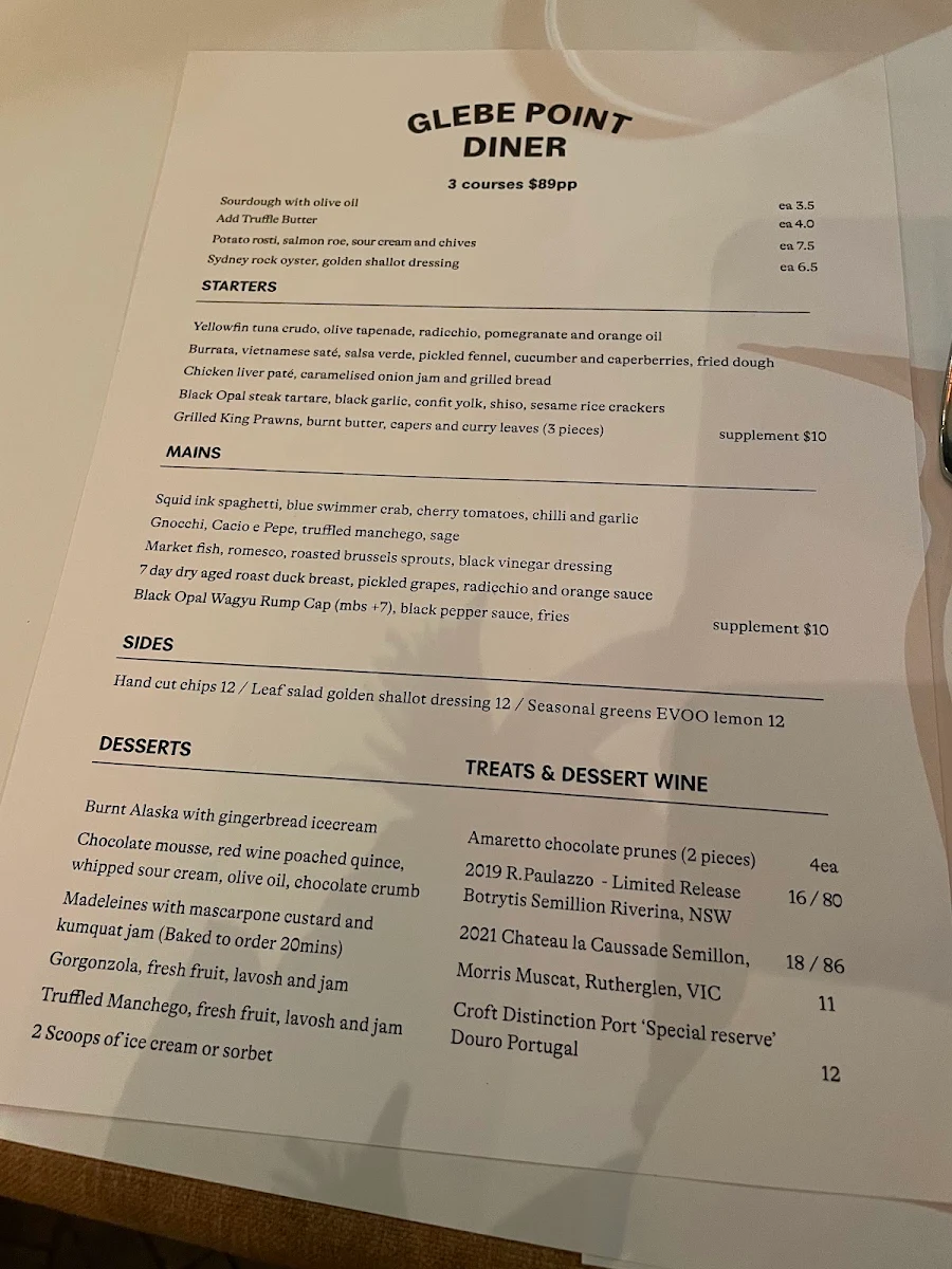 Menu, Glebe Point Diner