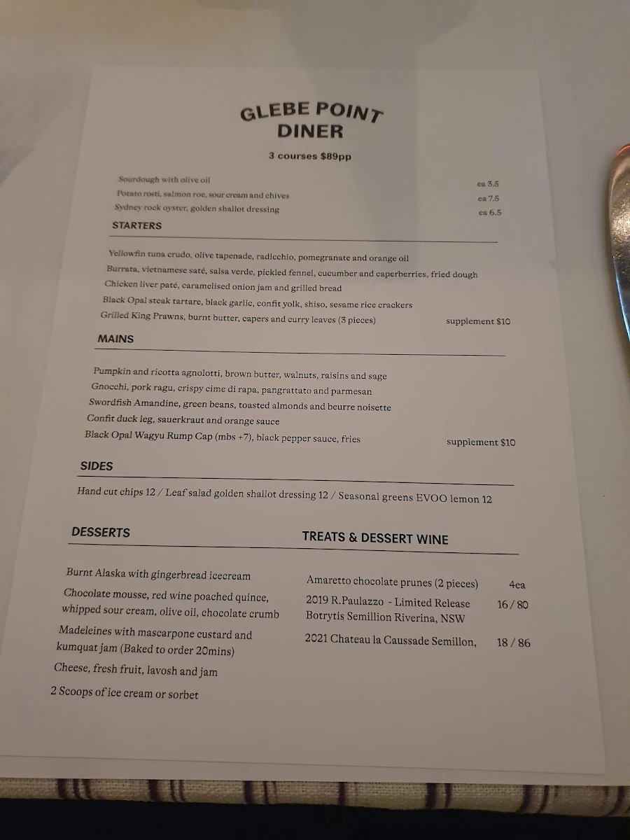 Menu, Glebe Point Diner