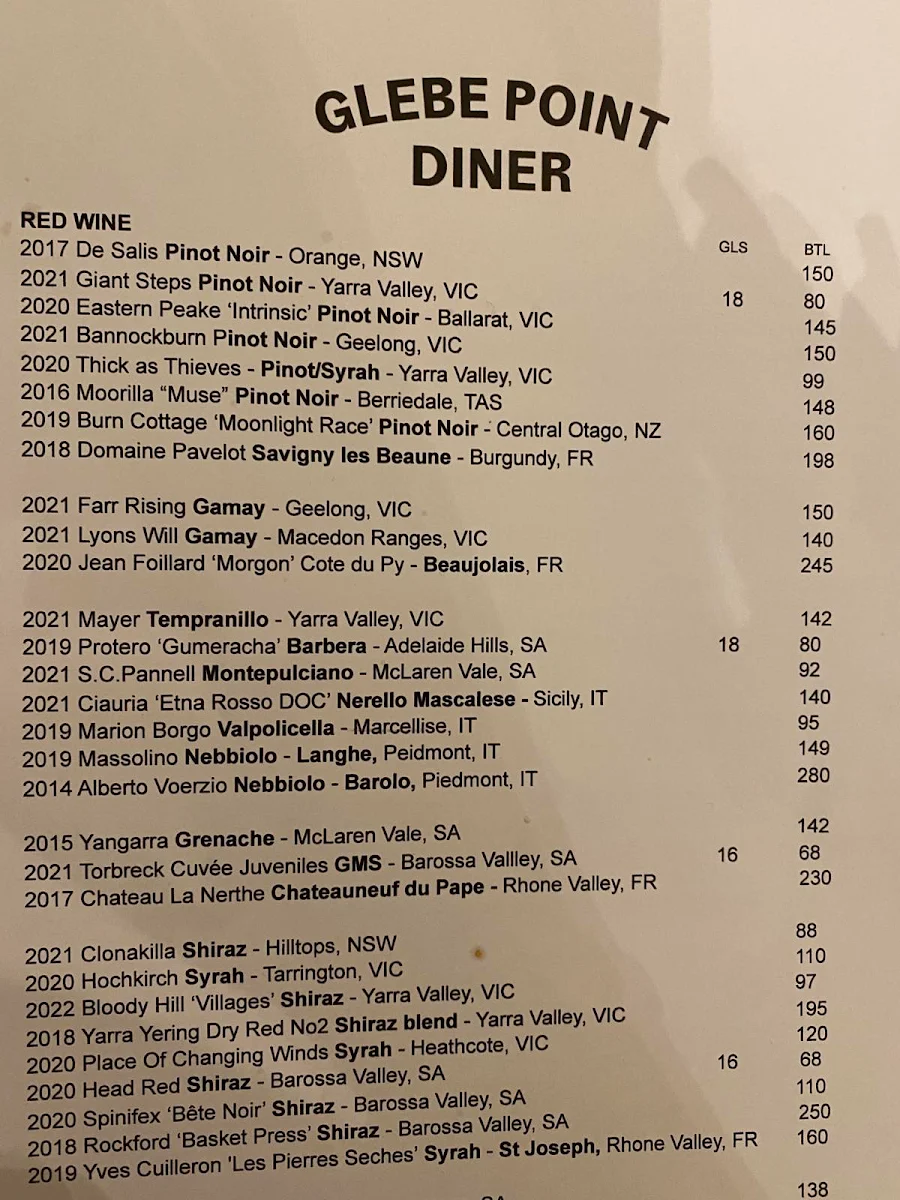 Menu, Glebe Point Diner