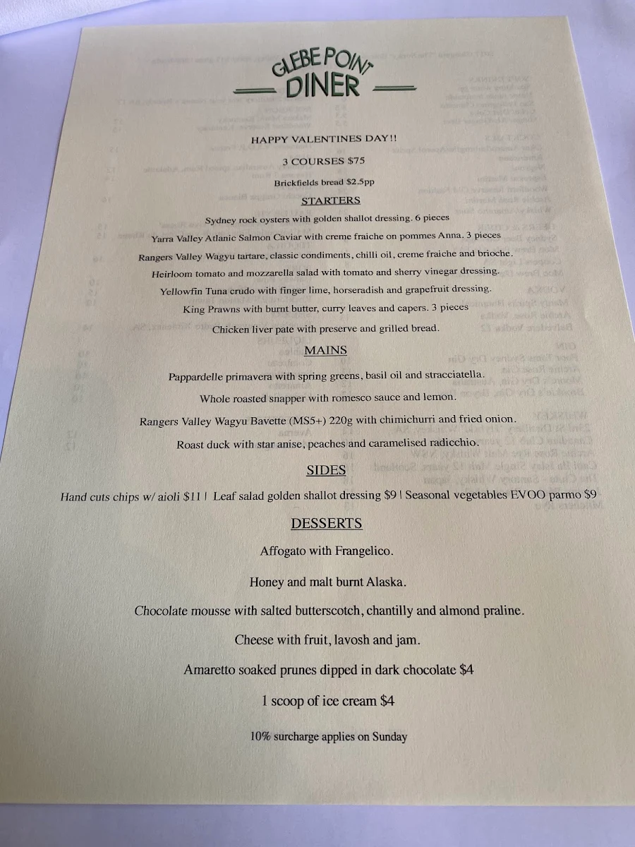 Menu, Glebe Point Diner